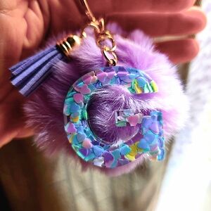 Initial "G" Fur Puff Keychain Purse Charm etc โข Purple